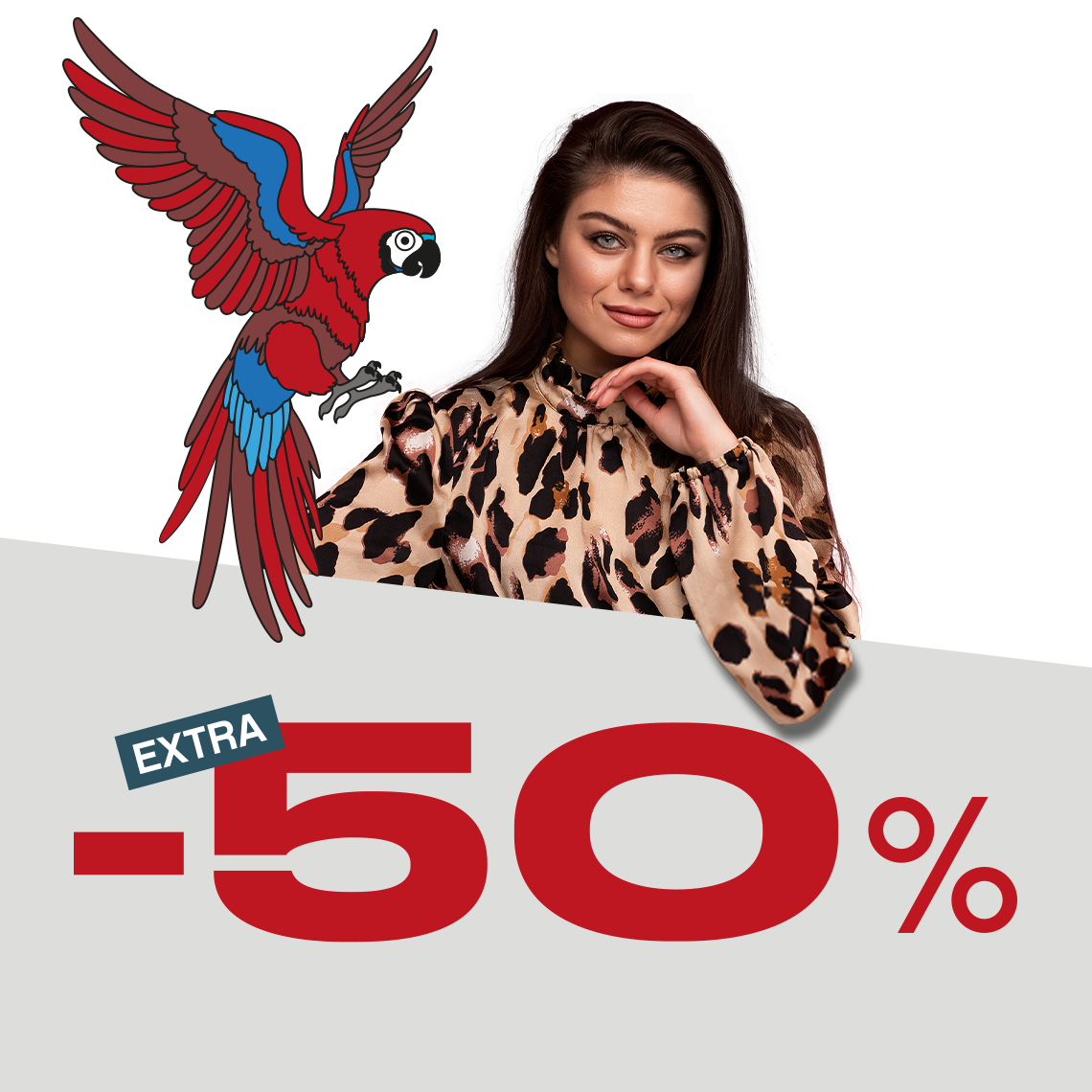 Vrouw met papegaai en 50% korting leeuwpaard printje extra korting & jungle night