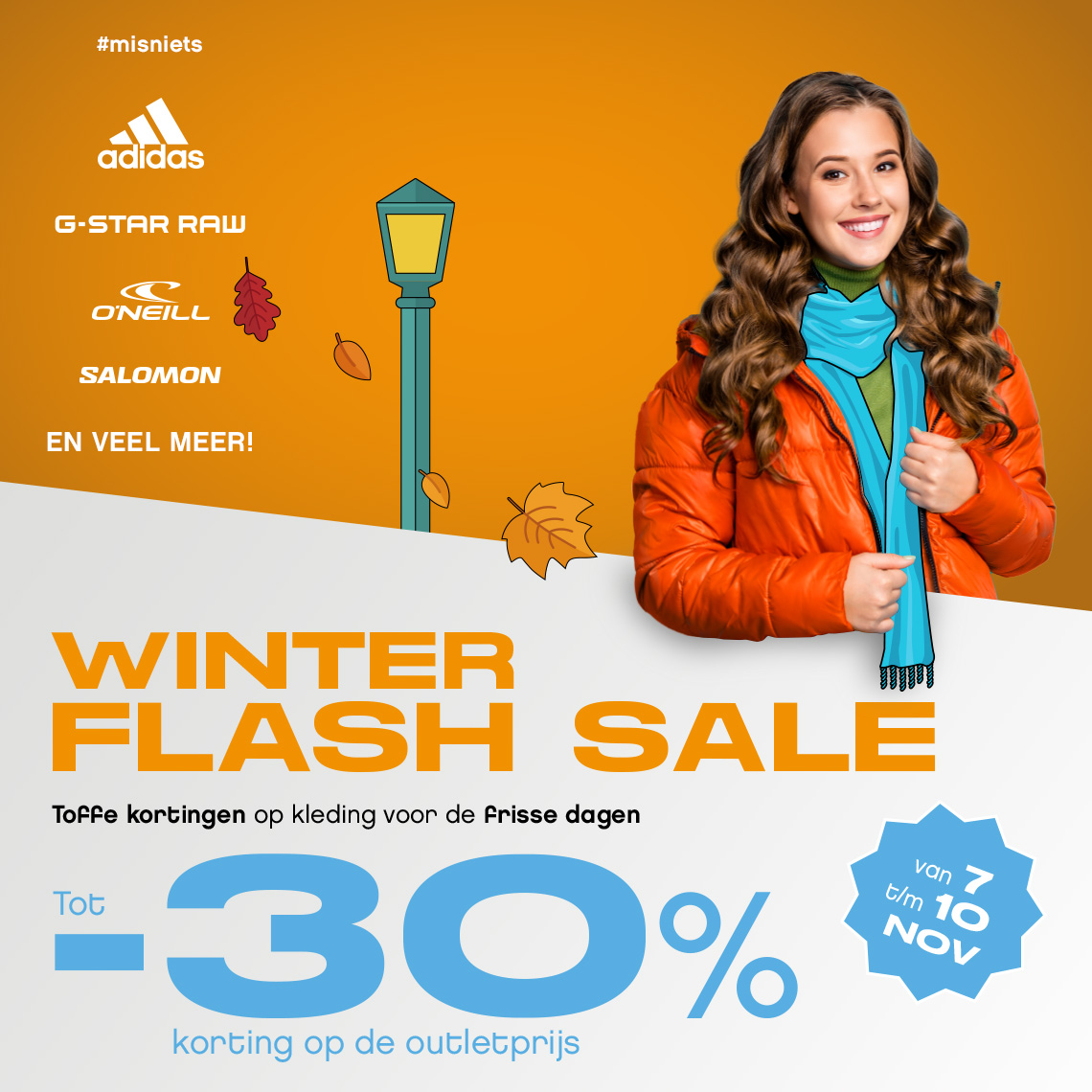 Winter flash sale vrouw met rode jas en oranje achtergrond