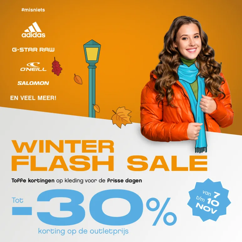 Vrouw met rode jas en oranje achtergrond voor Winter Flash Sale